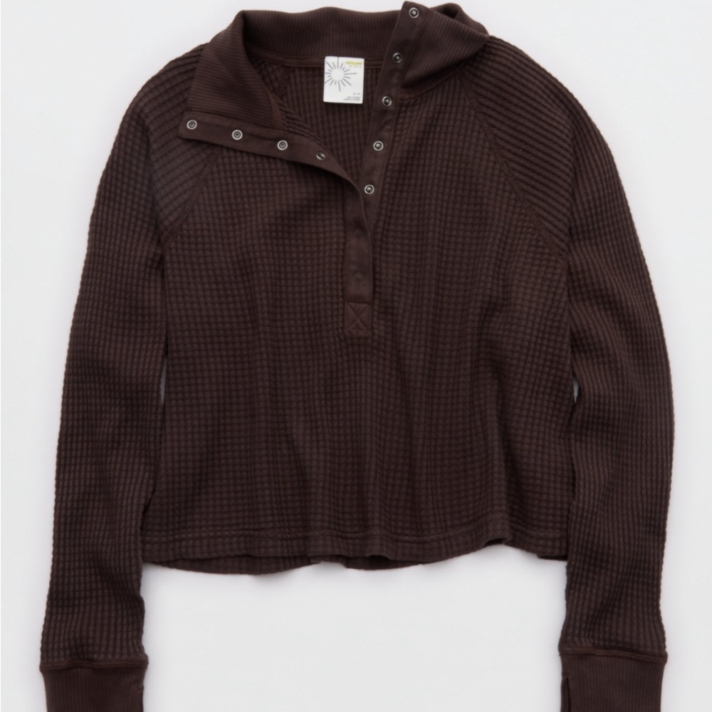 NWT Aerie Wow! Waffle Mockneck Henley Long Sleeve T-Shirt - Picture 3 of 9